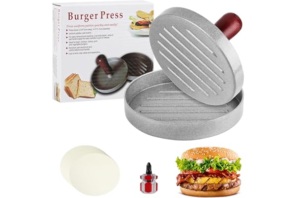 1 PcsPresse à Burger, Presse Steak Haché, Presse Hamburgers, Presses à Hamburger, Moule à Viand Hamburger en Aluminium, Attendrisseurs à Viande pour Patties Barbecue Cuisson + 100 Papier Silicone