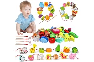 JIASHA Perline in Legno Giochi,42 Pezzi Perline Animale Frutta Verdure da Infilare,Legno Perline da Infilare Gioco Perline Infilare Montessori Legno Giocattoli Educativi per Ragazzi Ragazze