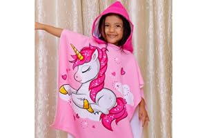 Famyo Pink Unicorn Poncho Towel for Kids, Hooded Micro-Fiber Bath Towel for Toddlers, Boys & Girls, Soft & Cozy, Ages 1-7 Years, Cute Design, Bathrobe Alternative 60x60 Cm