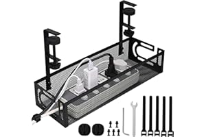 TECHSHARE Under Desk Cable Management, No Drill Wire Organizer, Metal Desk Cable Tidy with Side Opening, Clamp Mount Cable Tray for Home/Office, (Black Cable Tray)