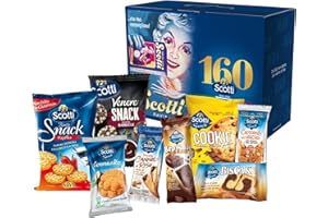 Riso Scotti Box 32 Snack Dolci e Salati in Monoporzione Gemme di Riso, Biscake, Cannoli di Riso, Croccante Arachidi, Brownie, Cookie, Snack Barbecue e Paprika per ogni Occasione, Idea Regalo