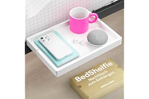 ‎BEDSHELFIE BedShelfie Bettseitiges Nachttischregal für Etagen- & oberes Bett, Studentenwohnheim Essentials, Hochbett-Nachttisch, schwebendes Bettablage-Tablett, Wohnheim-Deko von Smallish - Flexfit Modell, Weiß