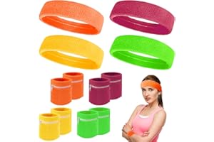 EKOCEV 12 PCS Bandeau et Poignets Bracelets, 4 Couleurs Ensemble Bandeaux Sport, Coton Bandeau Fluo Année 80 90, Bandeau Bracelet Anti-Transpiration avec Poche zippée, pour Tous Les Sport, Soirée Carnaval