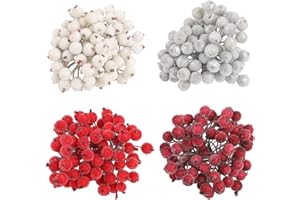 GUKASXI 320 Pcs Artificial Fruit & Berry Mini Christmas Holly Berries Wired Stem Foam Flower Fake Fruit For Tree Decoration Wreath Garland Making