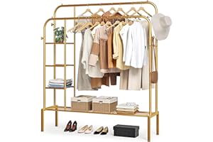 JOISCOPE Metal Clothes Rails,126*158cm Clothes Rails for Bedroom with 2 Hanging Rails to Hang Clothes, Clothes rack with 4 Clothes Hooks,4 Storage Shelves and layer for Shoes and Clothes Storage,Gold