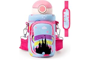 2OOYA Princess Castle Water Bottle Carrier Bag for Girls - Cute Castle Water Bottle Holder with Padded Strap Pocket, Neoprene Insulated Bottle Sling Bag 10/12/14/16/18oz for Kid Walking Hiking Camping