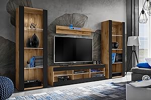 Komodee Wohnwand Wohnzimmerset Tivoli Grande, Schwarz/Wotan, Breite 250cm x Höhe 159cm x Tiefe 35cm, ohne LED, für Wohnzimmer, Schlafzimmer