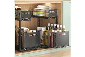 YunNasi Organizer Sottolavello Cucina Estraibile 2 Livelli Regolabile in Altezza Scorrevole Scaffale Sottolavello Portaoggetti in Metallo Portaoggetti Sotto il Lavello per Bagno(Nero-2 Pezzi)