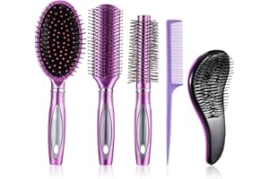 MNIXY 5 Pièces d’Ensemble de Brosse à Cheveux Brosse Démêlante Brosse à Palette Brosse à Cheveux Ronde Peigne de Queue Brosse Sèche Humide pour Coiffure de Femmes et Hommes (Violet)