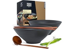 Moritz & Moritz 2 x Cuenco Ramen Japones - 24 cm Ø - Juego Vajilla Japonesa de Cerámica y Madera de Sándalo Para Sopa, Pho y Poke Bowl