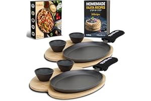 Tortillada - Ensemble de poêles à fajitas en fonte de 25 cm - avec plateau de service en bois + 2 bols à sauce en céramique (Set of 2)