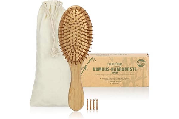 COM-FOUR® Brosse à cheveux naturelle en bambou - brosse écologique avec poils naturels pour des cheveux naturellement beaux - pour hommes, femmes, enfants (1 pièce - brosse tout usage)