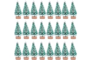 SUNREEK 24 sztuki sztuczne mini Boże Narodzenie sizal śnieg mróz drzewa z podstawą z drewna szczotka drzewa plastikowe zimowe ozdoby śnieżne na blat drzewka na Boże Narodzenie przyjęcie dekoracja domu (zielony)