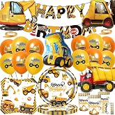 Excavators Birthday Decoration Set Construction Party Tableware Set Party Accessories Set Cardboard Plates Cups Napkins Banne