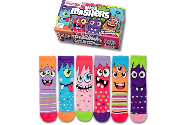 United Oddsocks Miss Mashers presentbox, 6 färgglada Odd Socks för flickor, Mix & Match-strumpor med monster-motiv i bomullsblandning, färgglad box som presentidé för födelsedag & lov, EU 30,5–38,5