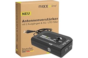 maxx.onLine Antennenverstärker mit 2 Ausgängen, Verstärkung 20 dB, 5G / LTE Filter für DVB-T2, Kabelfernsehen, Kabel Verstärker, Verstärker Wohnung