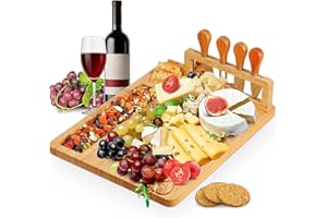 HOSSEJOY Bamboo Cheese Board Set with Cutlery Wooden Charcuterie Tray Platter Including 4 Stainless Steel Knife and Serving Utensils, Gift Idea for Birthdays, Wedding Registry, Housewarming