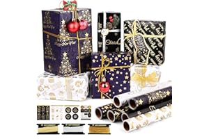 GuKKK 6 Rouleau de Papier d'emballage de Noël, 43 x 300cm Rouleau de Papier d'emballage Cadeau, Rouleaude Papier Cadeau pour Noël avec 3 Rubans, pour Anniversaire, Décoration de Fête de Mariage