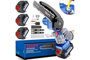 SINPY Mini Motosega a Batteria per Potatura con 3 x 5000mah Batterie e Caricatore Rapido, 6 Pollici Sega Con Pompetta Olio e Blocco di Sicurezza per il Taglio del Legno e Giardini