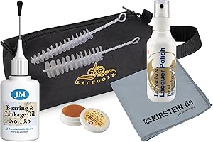 Lechgold Pflegeset für Blechblasinstrumente mit Drehventilen - Ventilöl und Lackpolitur - 2 Mundstückbürsten - Korkfett und Mikrofasertuch - Alles verstaut in robuster Tasche mit Halteschlaufe