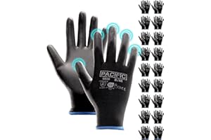PACIFIC PPE PACIFIC 18 Paare Schwarz Sicherheits-Arbeitshandschuhe – Rutschfeste PU-Beschichtung, Leicht & Atmungsaktive, Ideal für Allgemeine Arbeiten, Gartenarbeit, Arbeitshandschuhe Herren & Damen gr 8/M