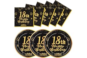 LAWALEISHE 18th Happy Birthday Paper Plates and Napkins, Black Gold 9" Disposable Strong Plates for Parties, 48pcs Party Tableware Set 24 Guests, Birthday Supplies for Table Decorations