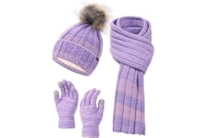 NATUST Women Hat Scarf Gloves Set Winter Thicken Knitted Beanie Soft Long Scarf Touchscreen Gloves