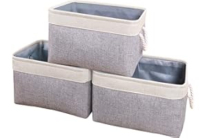 Yawinhe Foldable Storage Basket 3 Pack, Collapsible Storage Bins with Rope Handles, Wardrobe Organiser, for Sorting Clothes, Family Items, 40x30x30cm, Beige/Grey, SNK004WGL