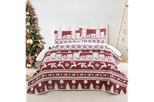 DJY Christmas Bedspread King Size Red Theme Striped Quilted Bedspread Comforter Soft Microfiber Lightweight Coverlet for Christmas with 2 Pillowcases (3PCs 240x260cm)