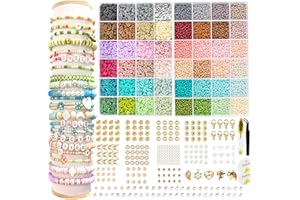 Konoz 14000+ Perlen für Armband, 48 flache Farben für Armband, 6 mm Heishi Perlen und 3 mm Rocailles, Set mit Buchstaben, Schmuckset, Kreation für Erwachsene und Kinder