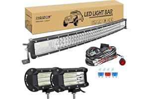RIGIDON 32 Pulgadas 80 cm 405W curva barra de luz led y 12V kit de cableado, 2x 5 pulgadas 135W foco proyector, Largo alcance barras luminosas para todoterreno camión coche tractor ATV 4x4, 6000K