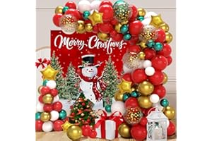 PATIMATE Kit de Arco de Globos Navideños, 107 Guirnalda Globos Rojo Verde con Banner de Fondo Feliz Navidad, Globo Confeti Blanco Dorado Globo de Papel de Estrella para Fiesta Navideña, Decoración de Año Nuevo
