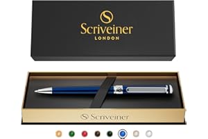 Scriveiner Midnight Blue Ballpoint Pen Coffret Stylo Bille Bleu Nuit Finition Acier Chromé, Rechargeable et Rétractable, Beau Cadeau pour Homme & Femme avec Boîte, Accessoire de Bureau Professionnel