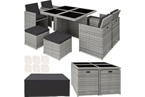 TecTake® Conjunto Jardín Exterior de Ratán y Aluminio, Muebles Jardín Exterior Resistentes a la Intemperie, para hasta 8 Personas, con 2 Juegos de Fundas y Funda Protectora - Gris Claro