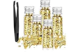 APAUSVCM 5Pcs Edible Gold Leaf, Edible Gold Flakes Gold Leaf Cake Decoration Baking Gold Foil Decor for Cooking Dessert Steak Decoration Crafts Makeup Gold Leaf with Plastic Tweezers
