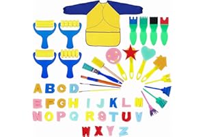 MAOXINTEK Painting Kits for Kids 48PCS Sponge Drawing Tools Brushes Set Early Learning DIY Toy for Age 3-6 with Waterproof Art Painting Smock Apron