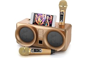 RUBEHOOW Karaoke, sistema portatile Bluetooth PA con 2 microfono wireless, altoparlante con supporto per telefono cellulare/USB/TF Card/AUX in, per feste in casa, riunioni, matrimoni, picnic, esterni (ORO)