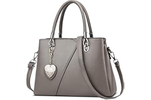 FOLOVEYA Mode Damen Handtasche Elegant Henkeltaschen Frauen mit Herzanhänger PU Leder Umhängetasche Shopper Top-Griff Taschen Schultertasche für Arbeiten Reisen Schule Tote Bag Grau B