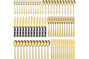 Set posate 12 persone, Pleafind 72 pezzi set di posate oro, posate acciaio inox con coltelli da bistecca, elegante set di posate, incluse forchette, cucchiai, coltelli, lavabili in lavastoviglie