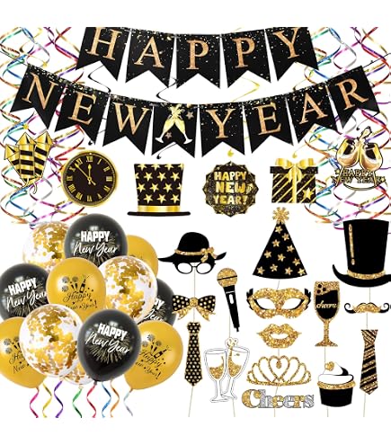 Servietten Silvester Deko – Happy New Year, Schwarz-gold, 33x33 Cm, 40 Stück, Für Partys & Tischdeko