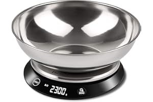 Girmi PS84 Bilancia da Cucina, Capacità ciotola 1 Litro, 1 gr/ 5 Kg, Display Alta Luminosità, Ciotola e piatto Inox, Austopegnimento, Funzione Tara, Nero