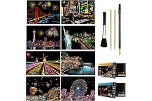 WBENG Scratch & Sketch Art Paper A4 per bambini e adulti, Pittura arcobaleno Vista notturna Art & Craft, 8 fogli Gratta e vinci e pennarello, Pennello pulito (U.S.A+Europe)