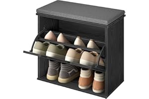 VASAGLE Banco Zapatero Acolchado, Mueble de Recibidor de 3 Niveles para 6 Pares de Zapatos, Cajón Abatible, 30 x 60 x 53,5 cm, para Entrada, Dormitorio, Negro Ébano y Gris Pizarra LSB121BE01