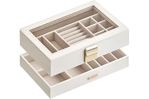 ‎SONGMICS SONGMICS Pudełko na biżuterię 2 poziomy, taca na biżuterię do układania w stosy, duże pudełko na biżuterię, pudełko na biżuterię ze szklaną pokrywką, 17 x 28 x 8,8 cm, biały JBC192W01