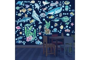 HSDSH Adesivi da Parete Fluorescenti Oceano Sticker Murali Fluorescenti Adesivi Luminoso Mare Animali Adesivi Creature del Mondo Marino Luminose Murali Animali Subacquee per Bambini Cameretta Asilo Blu
