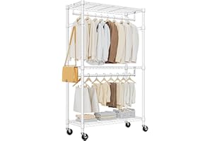 M MZG Heavy Duty Rolling Garment Rack 3 Tiers Adjustable Wire Shelving Clothes Rack with 2 Rods and Side Hooks,Storage Closet Clothing Rack with Wheels White 40 x 75 x 189.3 cm