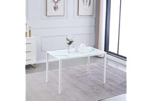 TRESBIEN White Marble Like Glass Dining Table with Tempered Glass Top and Metal Frame and Leg, Rectangle Kitchen Table for Restaurant 120 x 70 x 75 cm