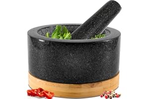 PRIORITY CHEF Heavy Duty Mortar and Pestle Set with Bamboo Base, Extra Large 4 Cups, 100% Natural Granite Mortar and Pestle Large Stone Grinder Bowl, Molcajete Bowl, Masher Guacamole Bowls, Polished Black