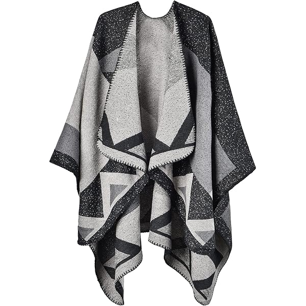 Lifetooler Dames poncho open voorkant lente vest omkeerbaar één maat cape print oversized warme wraps geruite deken boho tartan deken lang patroon, zwart