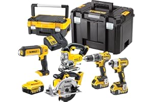 DEWALT - Pack 5 outils XR 18V, 1 perceuse-visseuse, 1 visseuse à chocs à 3 vitesses, 1 scie sauteuse, 1 scie circulaire, 1 lampe LED, 3 batteries 5Ah, 1 chargeur et 2 coffrets TSTAK, DCK551P3T-QW